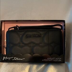 Betsey Johnson Black Heart-Patterned Wristlet Wallet w/Clip On